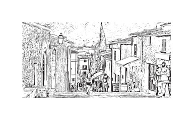 Building view with landmark of Pollenca is the 
town in  Spain. Hand drawn sketch illustration in vector.