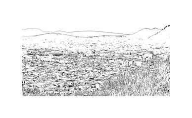 Fototapeta premium Building view with landmark of Pollenca is the town in Spain. Hand drawn sketch illustration in vector.