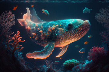 Obraz na płótnie Canvas Beautiful bioluminescent whale sea creature underwater seawater world wallpaper background made by generative ai