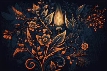 Abstract orange ornate floral filigree vintage wallpaper background made by generative ai