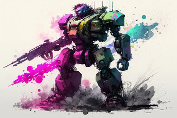 Watercolor purple and cyan mecha robot in white background made by generative ai