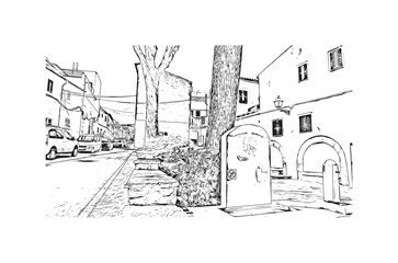 Building view with landmark of Pollenca is the 
town in  Spain. Hand drawn sketch illustration in vector.