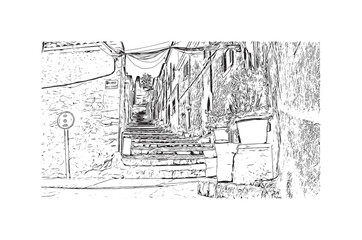 Building view with landmark of Pollenca is the 
town in  Spain. Hand drawn sketch illustration in vector.