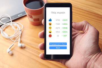 Hand holding smartphone with social media report, analytics chart with icons showing positive green statistics of reach and engagement. Community interaction, results of good marketing campaign