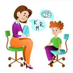 The boy is engaged with a speech therapist. Child training basic language skills with speech therapist isolated flat vector illustration. Articulation problem and speech therapy concept. 