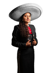female mexican mariachi woman smiling using a traditional mariachi girl suit on a pure white...