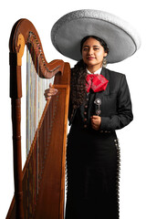 female mexican mariachi woman smiling using a traditional mariachi girl suit on a white background. good looking latin hispanic musician feminine mariachi wearing a mexican white hat or sombrero