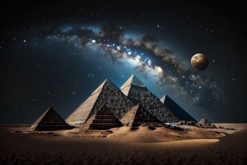 egyptian pyramids in desert in the night moon in CAIRO, Generative AI