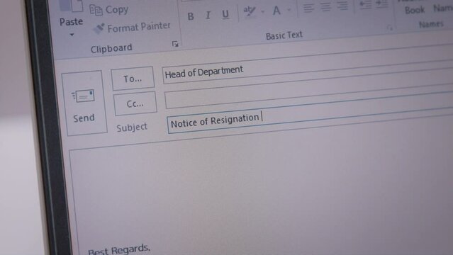 Great resignation talent workforce leave toxic workplace find change new job. Close-up laptop screen write resign e-mail to HR fail loss in career crisis issue. Quiet quitting mail work end letter.