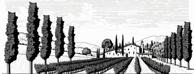 Vineyard with rows of grape vines and house. simple line drawing illustration style. Generative ai