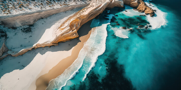 Aerial view of  sarakiniko beach concept, Greece shores and island, rock formations and cliffs, generative ai