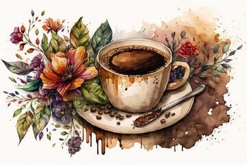 Watercolor coffe cup, concept coffee and flowers art illustration, cafe generative ai