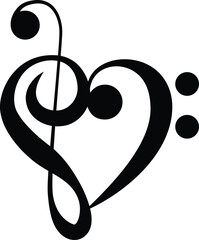 Music notes heart vector illustration. Heart formed from a treble clef and bass clef.