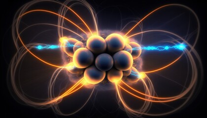 Obraz premium artistic representation of an atomic nucleus with orbiting electrons, neutrons, and protons, generative ai