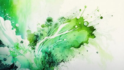 Green and white watercolor wallpaper. Bright abstract watercolor background. Green and black paint on white paper. Generative AI art.