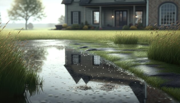 flooded lawn with standing water and muddy grass, generative ai