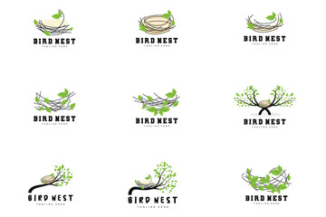 Bird's Nest Logo Design, Bird House Vector For Eggs, Bird Tree Logo Illustration