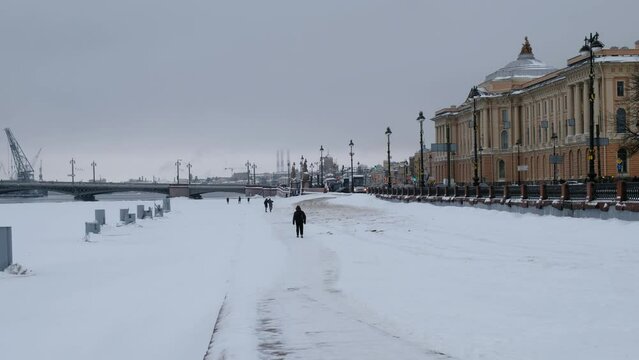 Video of Universitetskaya Embankment at the winter day. Saint Petersburg, Russia