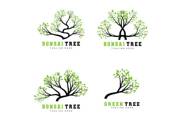 Obraz premium Green Tree Logo Design, Bonsai Tree Logo Illustration, Leaf And Wood Vector