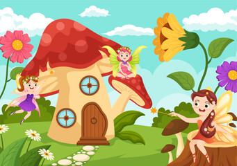 Obraz na płótnie Canvas Beautiful Flying Fairy Illustration with Elf, Landscape Tree and Green Grass in Flat Cartoon Hand Drawn for Web Banner or Landing Page Templates