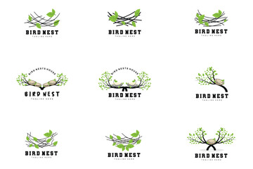 Bird's Nest Logo Design, Bird House Vector For Eggs, Bird Tree Logo Illustration