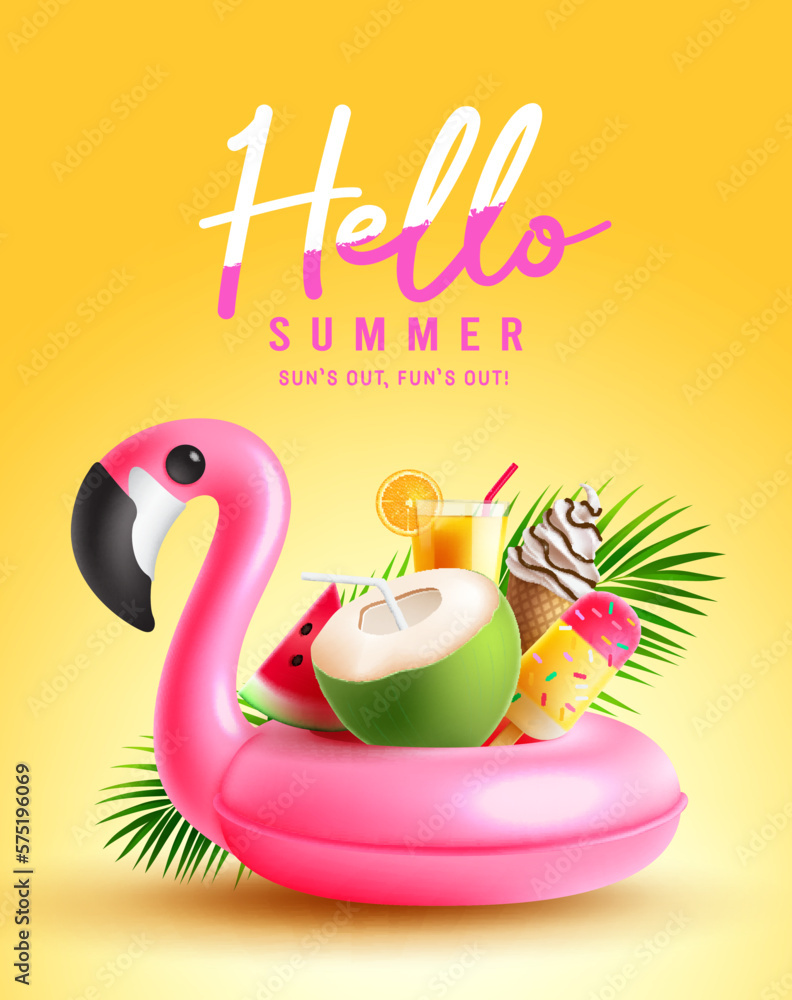 Wall mural summer hello vector poster design. hello summer text with flamingo floater and colorful beach elemen