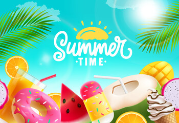 Summer time vector design background. Summer time text in empty space with tropical season food and drinks elements. Vector illustration seasonal greeting background.  - obrazy, fototapety, plakaty