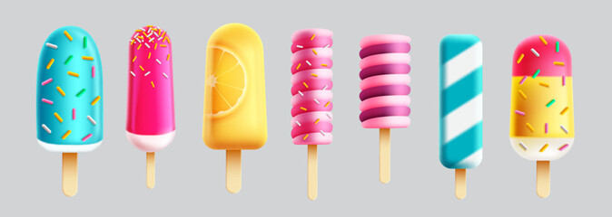Summer ice pop vector set. Summer popsicle refreshments and ice cream sweet desserts. Vector illustration isolated elements background. - obrazy, fototapety, plakaty