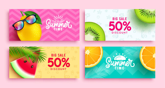 Summer sale vector banner set design. Summer sale text discount tags collection layout. Vector illustration flyers and brochure promo ads background. 