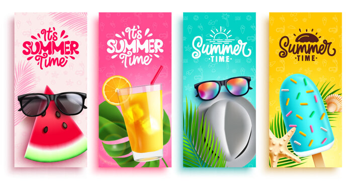 Summer time vector poster set design. It's summer time text tropical holiday seasonal tags collection. Vector illustration greeting card banner background. 