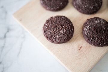 Chocolate chip cookies with sugar fresh homemade. Vegetarian dessert. American  style breakfast in the form of chocolate chip cookies. Free space for text