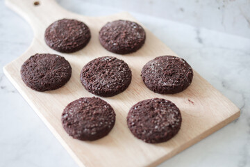 Chocolate chip cookies with sugar fresh homemade. Vegetarian dessert. American  style breakfast in the form of chocolate chip cookies. Free space for text