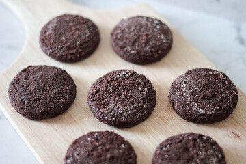 Chocolate chip cookies with sugar fresh homemade. Vegetarian dessert. American  style breakfast in the form of chocolate chip cookies. Free space for text