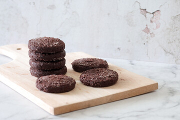 Chocolate chip cookies with sugar fresh homemade. Vegetarian dessert. American  style breakfast in the form of chocolate chip cookies. Free space for text