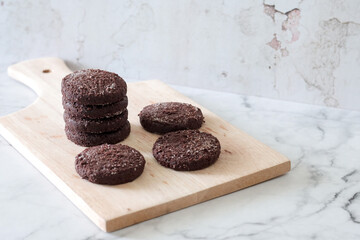 Chocolate chip cookies with sugar fresh homemade. Vegetarian dessert. American  style breakfast in the form of chocolate chip cookies. Free space for text
