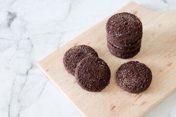 Chocolate chip cookies with sugar fresh homemade. Vegetarian dessert. American  style breakfast in the form of chocolate chip cookies. Free space for text