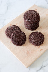 Chocolate chip cookies with sugar fresh homemade. Vegetarian dessert. American  style breakfast in the form of chocolate chip cookies. Free space for text