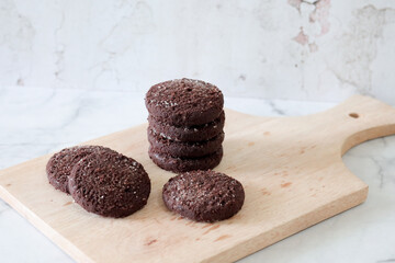 Chocolate chip cookies with sugar fresh homemade. Vegetarian dessert. American  style breakfast in the form of chocolate chip cookies. Free space for text