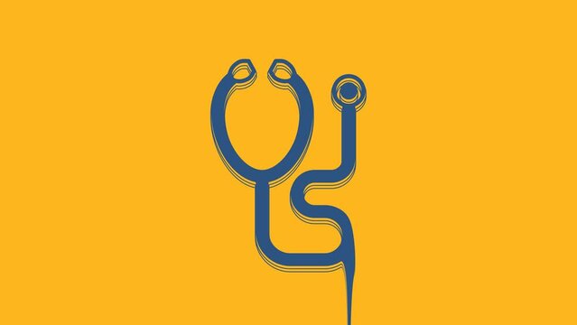 Blue Stethoscope medical instrument icon isolated on orange background. 4K Video motion graphic animation