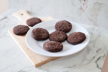 Chocolate chip cookies with sugar fresh homemade. Vegetarian dessert. American  style breakfast in the form of chocolate chip cookies. Free space for text