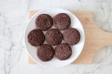 Chocolate chip cookies with sugar fresh homemade. Vegetarian dessert. American  style breakfast in the form of chocolate chip cookies. Free space for text