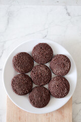Chocolate chip cookies with sugar fresh homemade. Vegetarian dessert. American  style breakfast in the form of chocolate chip cookies. Free space for text