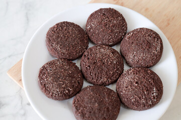 Chocolate chip cookies with sugar fresh homemade. Vegetarian dessert. American  style breakfast in the form of chocolate chip cookies. Free space for text