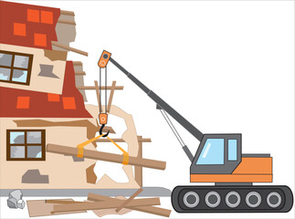 重機で木造住宅の解体工事をしている。