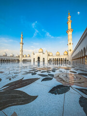 The Sheikh Zayed Grand Mosque during sunset, in Abu Dhabi, United Arab Emirates