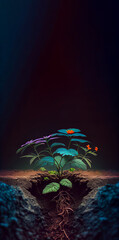 plants in the ground, illustration, black dark background, copy space, earth day, flower, tree, wallpaper