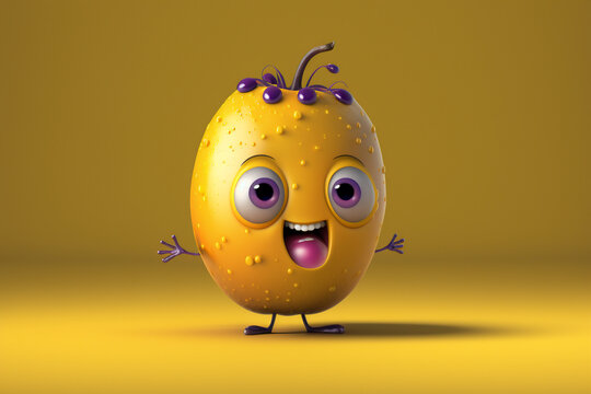 3D render cute and happy passionfruit cartoon character. Generative AI