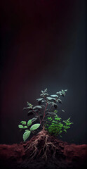 plants in the ground, illustration, black dark background, copy space, earth day, flower, tree, wallpaper
