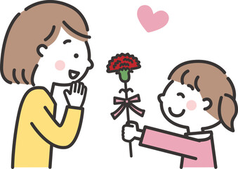 カーネーションをお母さんに渡す女の子　母の日のイラスト　横向き