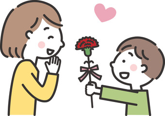 カーネーションをお母さんに渡す男の子　母の日のイラスト　横向き